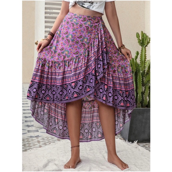 Boho Floral Paisley Print High Low Maxi Skirt - Picture 3 of 5